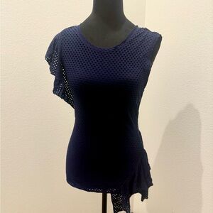 BCBG Max Azria Navy Blue Mesh Overlay Asymmetrical Top Size S